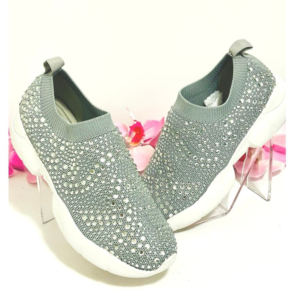 Lauren Lorraine Crystal Rhinestone Slip On Sneakers Gray Size 7.5 Glam Casual